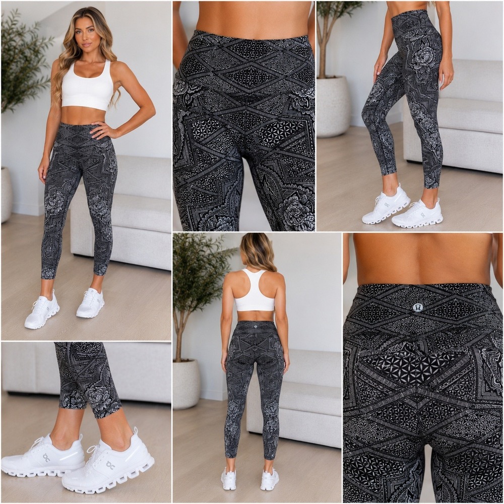 Lululemon Wunder Under Leggings Hi-Rise Womens 6 Dottie Tribe White Black Floral